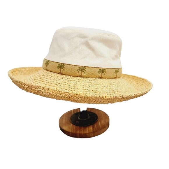 Scala Canvas & Straw Sun Hat Palm Tree Cream Tan One Size Beach Summer - Picture 2 of 10